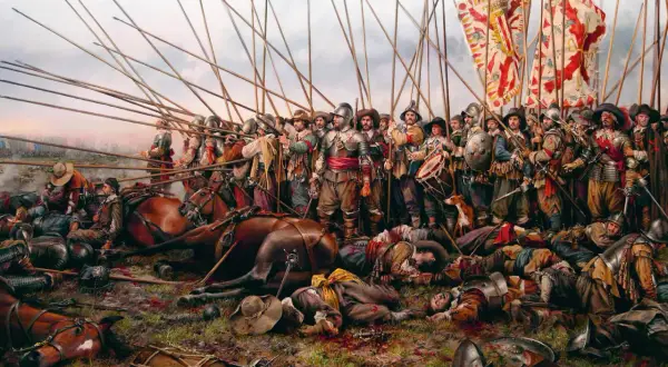 Los tercios españoles, con sus picas alzadas, enfrentan la batalla. Caídos y caballos yacen en el campo, testigos del fragor.