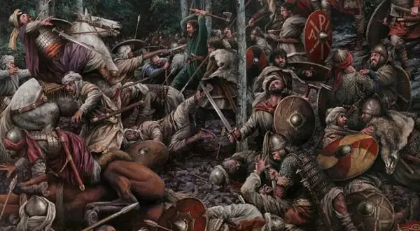 Una escena caótica de la batalla de Covadonga, con guerreros luchando cuerpo a cuerpo, caballos y escudos por doquier.