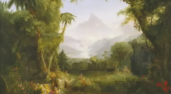 Un paisaje exuberante y brumoso, con cascadas y montañas, evoca la serenidad del jardín del edén. Palmeras y flores vibrantes adornan la escena.
