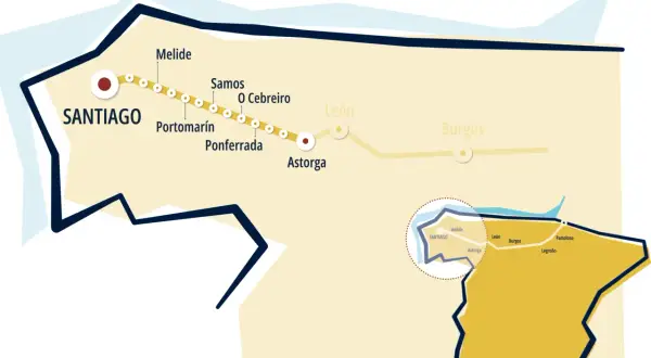 Mapa del Camino de Santiago, mostrando ciudades como Santiago, Melide, Ponferrada y Astorga. El obispo Osmundo de Ponferrada estaría orgulloso de esta ruta.