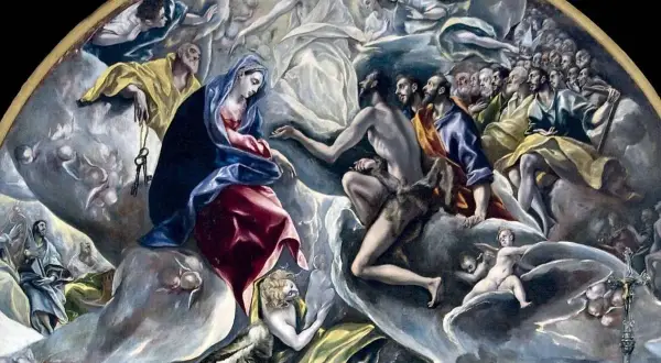 El Greco pinta el cielo: la Virgen, San Juan, apóstoles y ángeles en una visión celestial.