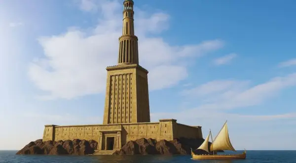 Recreación de los restos del Faro de Alejandría, una imponente estructura de piedra sobre rocas, con un barco antiguo navegando cerca.