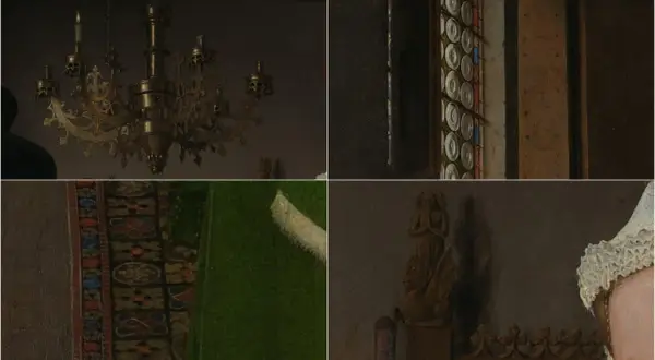 Detalles del matrimonio Arnolfini: candelabro, ventana, alfombra y escultura.