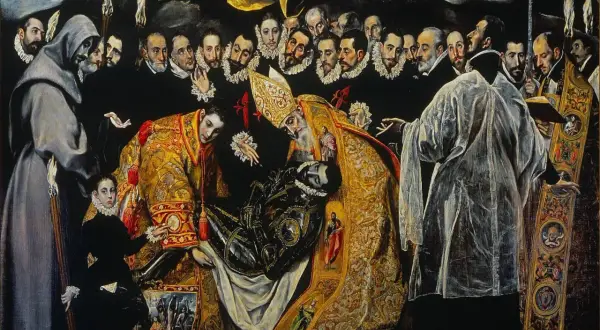 El arte en el Renacimiento: El entierro del Conde de Orgaz, obra maestra de El Greco, muestra un funeral solemne con figuras religiosas y nobles.
