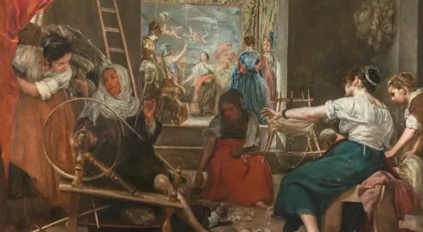 Mujeres hilando y tejiendo, escena que evoca las poesías de Tiziano.