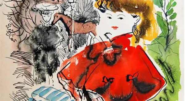 Escena de Emilio Grau Sala con una mujer de vestido rojo y otras figuras, estilo acuarela y tinta.