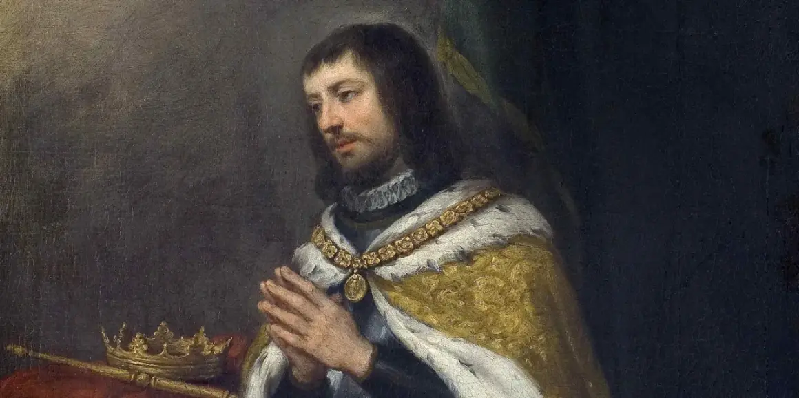 Retrato de Fernando el Santo, con las manos juntas en oración, corona y cetro a su lado.