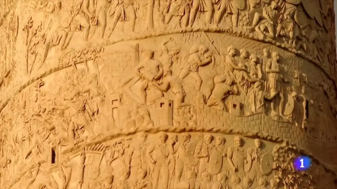 Detalle de **la columna de Trajano**, con relieves que narran escenas de batallas y la vida militar romana.