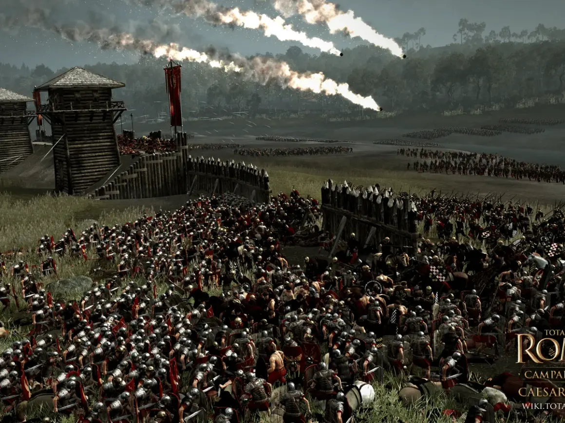 La batalla de Alesia en pleno apogeo. Legiones romanas asedian una fortaleza gala, con fuego y humo en el cielo.