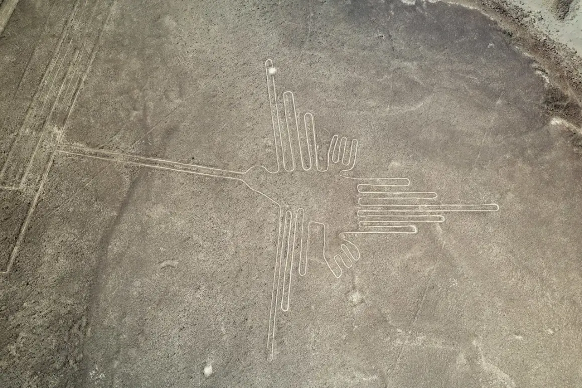 Las enigmáticas **líneas de Nazca** forman la figura de un colibrí sobre el árido desierto peruano.