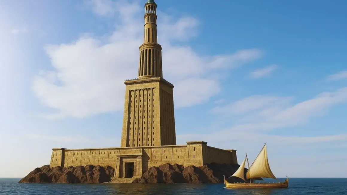 Recreación de los restos del Faro de Alejandría, una imponente estructura de piedra sobre rocas, con un barco antiguo navegando cerca.