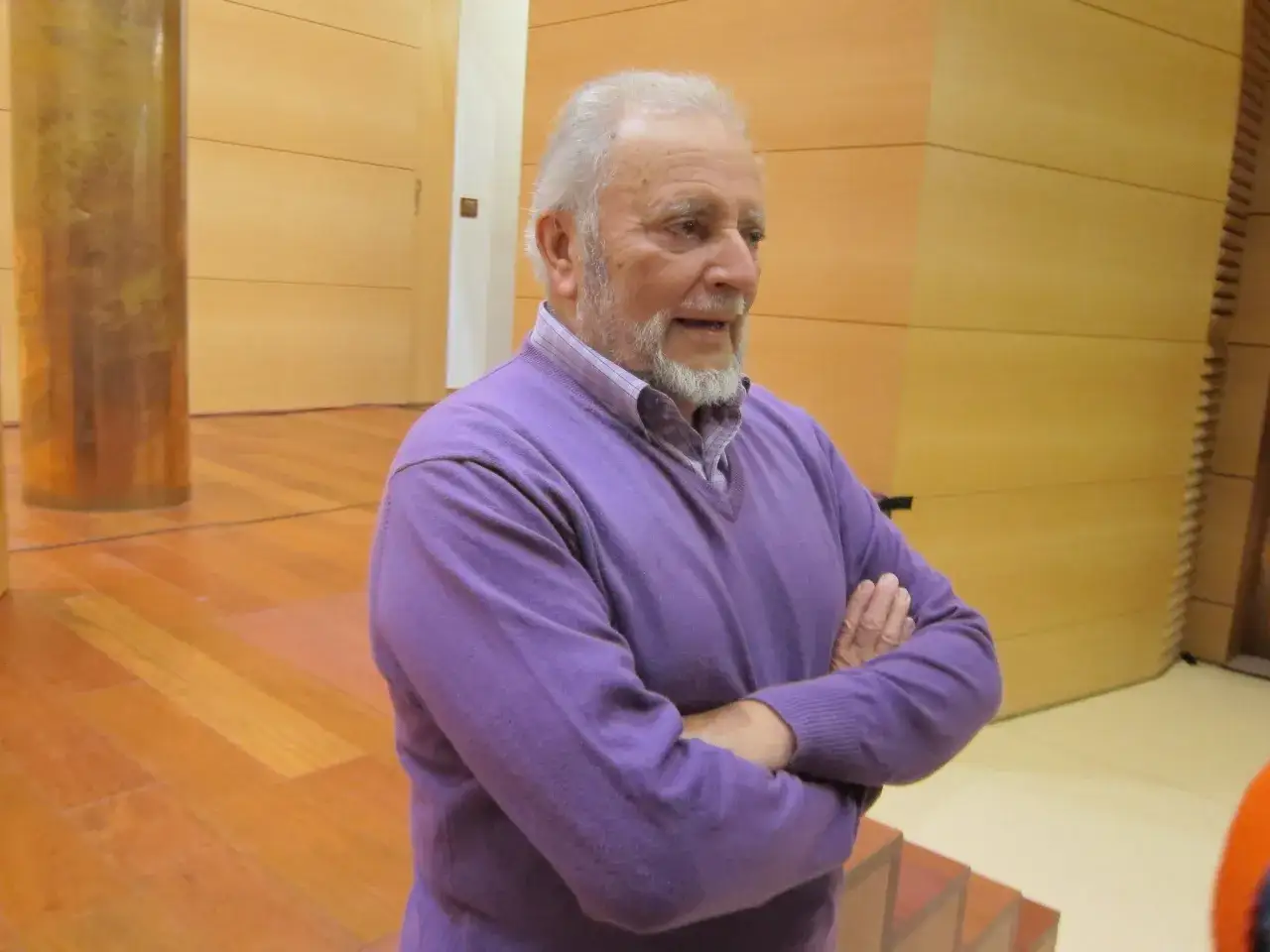 Un hombre mayor, con barba blanca y un jersey morado, recuerda a Julio Anguita.
