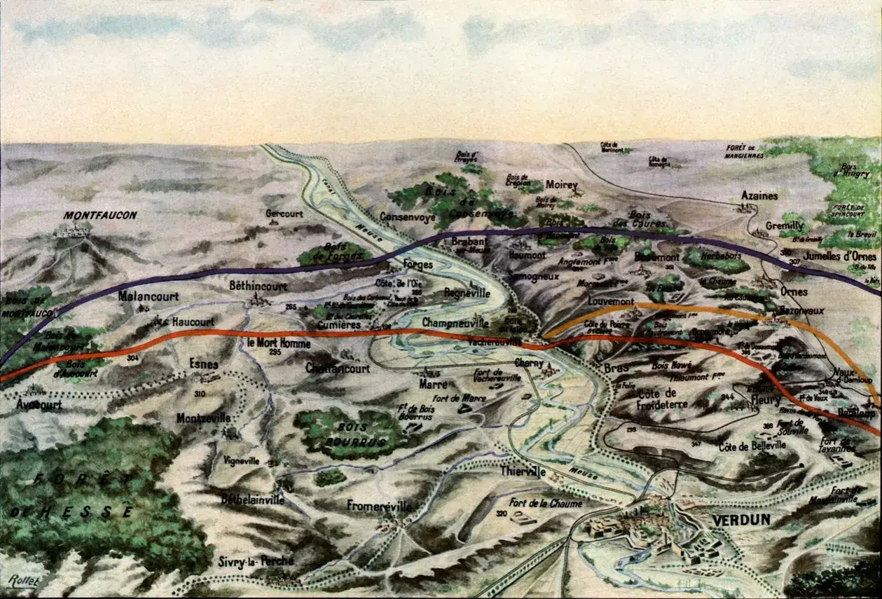 Mapa detallado de la batalla de Verd&uacute;n, mostrando el r&iacute;o Mosa, pueblos y fortificaciones clave.