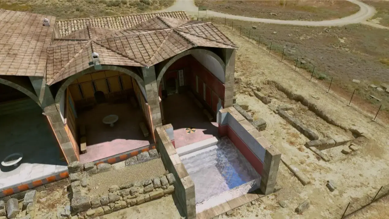 Recreación de las termas romanas, mostrando piscinas, salas abovedadas y muros decorados.