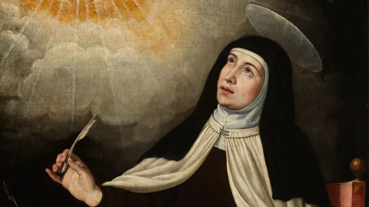 Santa Teresa de Jes&uacute;s, una de las santas m&aacute;s veneradas, inspira con su mirada celestial. San Miguel de los Santos la acompa&ntilde;a en su visi&oacute;n divina.