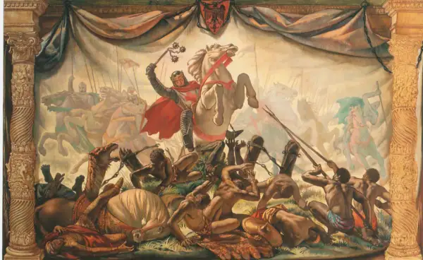 Cabalgata victoriosa de Sancho VI de Navarra, con su ejército arrollando enemigos y bestias.