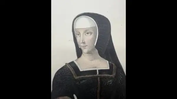 Retrato de Luisa de Saboya, con su característico tocado y vestido oscuro.