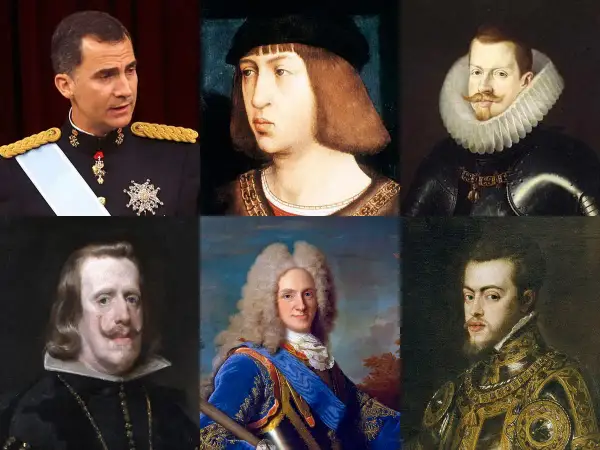 Seis retratos de reyes españoles, incluyendo al actual rey Felipe VI, y varios monarcas históricos.