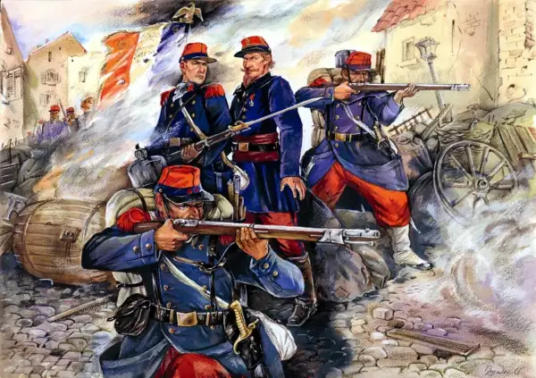 Soldados franceses en uniforme azul y rojo, listos para la batalla de Sedan, con rifles y bandera tricolor ondeando.