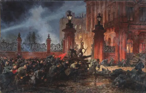 Multitud en combate, con rifles y una bandera roja, en medio de la noche. La escena evoca la intensidad de la **revolución rusa**.