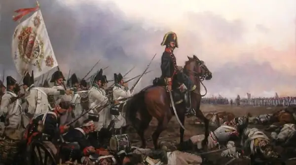 Soldados en formación, con un estandarte y un oficial a caballo, en medio de la **batalla de Bailén**. Cuerpos yacen en el suelo.