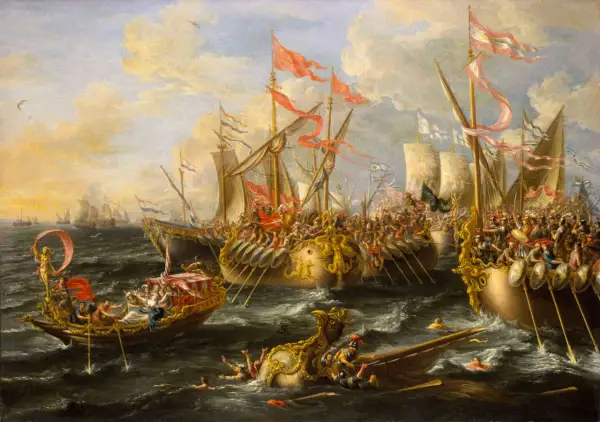 La batalla de Accio en pleno apogeo. Galeras y naves de guerra se enfrentan en un mar agitado, con soldados y remos en acción.