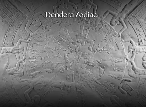 Relieve circular del zodiaco de Dendera con figuras mitológicas y animales.
