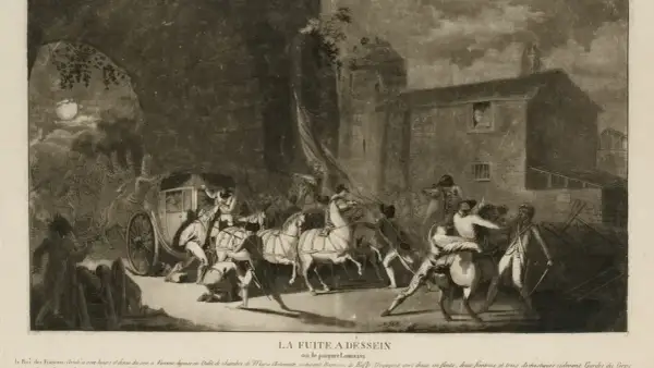 La fuga de Varennes: el rey Luis XVI y su familia son detenidos en su intento de escape nocturno.