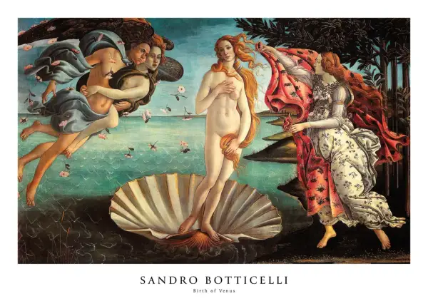El nacimiento de Venus, obra maestra de Botticelli. Venus emerge de una concha, flanqueada por Céfiro y una ninfa, mientras las flores caen del cielo.
