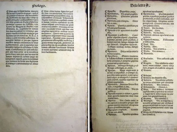 Libro antiguo con texto en latín y castellano. El prólogo menciona a Alonso de Palencia y su obra.