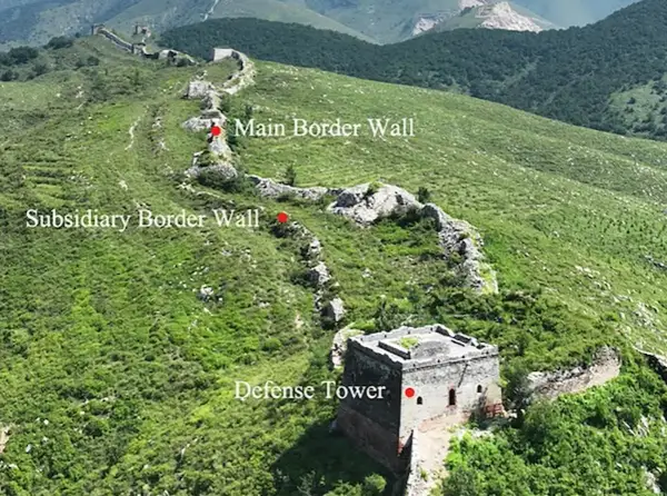 La muralla china se extiende por colinas verdes, con una torre de defensa y muros principales y subsidiarios.