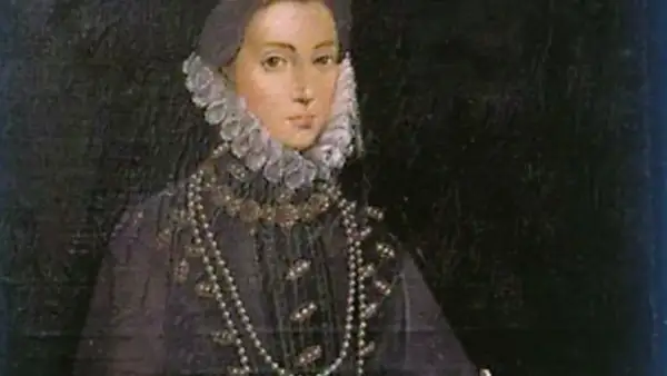 Retrato de Beatriz de Castro, luciendo un collar de perlas y un cuello de encaje.