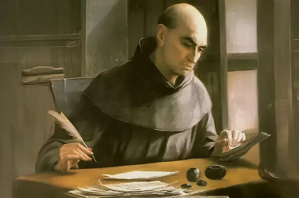 Pedro de Atarrabia, un monje con tonsura, escribe con pluma en un escritorio lleno de papeles.