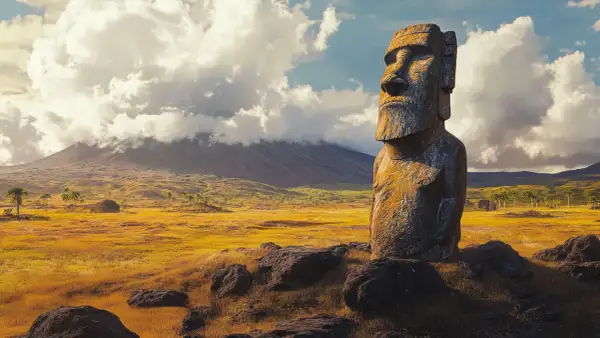 Un moái solitario vigila la Isla de Pascua, con un volcán cubierto de nubes al fondo y palmeras dispersas en el paisaje dorado.