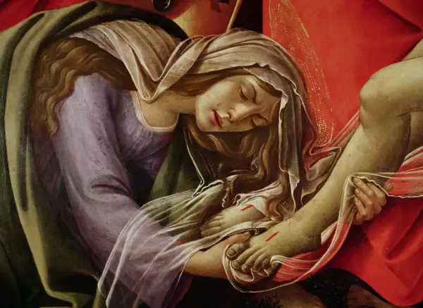 Detalle de una pintura: María Magdalena, con el rostro sereno, sostiene el pie de Cristo.