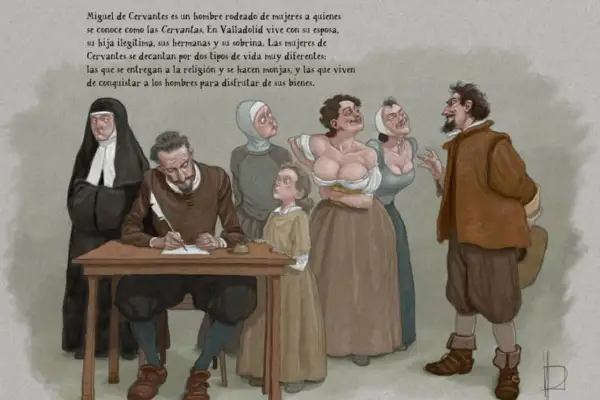 Un hombre escribe, rodeado de mujeres. Una monja, una niña, dos mujeres con escote y un hombre conversan. Catalina de Salazar, quizás, observa.