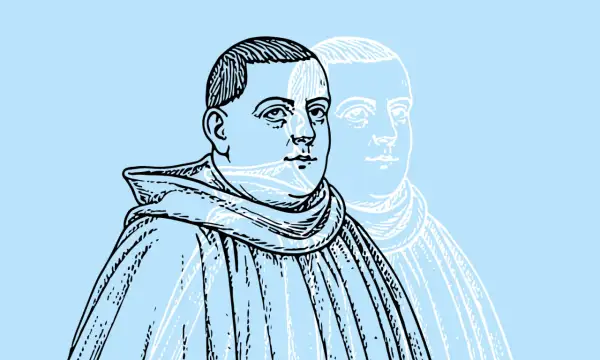 Retrato de **santo Tomás de Aquino** con una figura fantasma detrás.