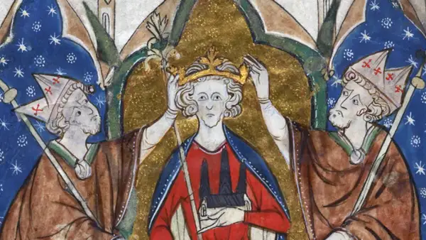 Coronación de Enrique III de Castilla. Dos obispos le colocan la corona. El rey sostiene un cetro y un castillo.