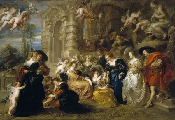 Escena mitológica con cupidos y figuras alegóricas, evocando la opulencia de los pintores de la edad moderna.