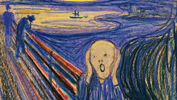 Una figura con las manos en las orejas, rostro pálido y boca abierta, en un paisaje onírico. Varias versiones de "El Grito" capturan esta angustia.