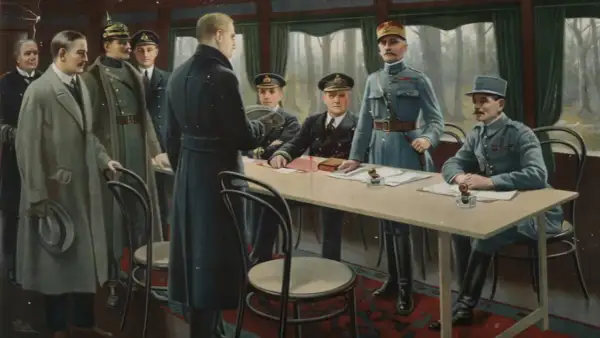 Militares de distintas naciones se reúnen en un vagón de tren para firmar el armisticio, marcando el fin de la Primera Guerra Mundial.
