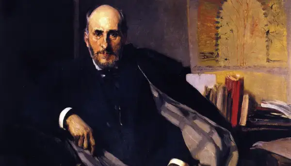 Retrato de Ramón de la Sagra, hombre de barba y traje oscuro, sentado con libros detrás.