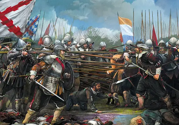 Pintura de una batalla con soldados armados con espadas y picas, ondeando banderas.