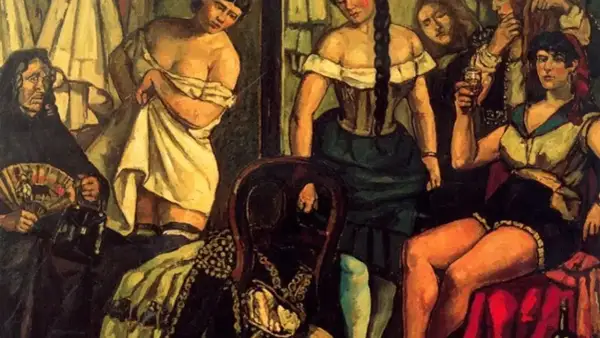 Escena de burdel con mujeres y una anciana con abanico, obra de José Gutiérrez Solana.