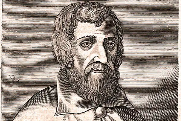 Retrato grabado de Arnau de Vilanova, con barba y cabello ondulado, mirando hacia adelante.