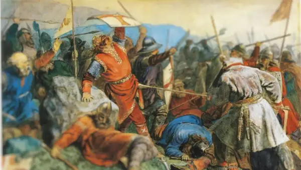 Una batalla épica con guerreros vikingos. Un hombre con túnica roja, quizás Olaf el Santo, lidera la carga.