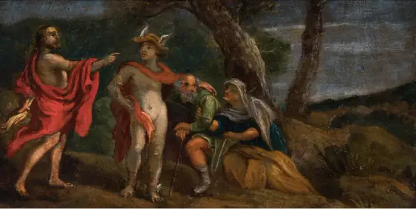 Un hombre con túnica roja señala a Mercurio, quien se dirige a una pareja de ancianos. Obra de arte del Renacimiento.