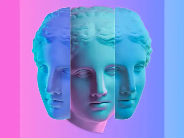Fragmentos de una escultura griega clásica, iluminados con degradados de azul y rosa, creando un efecto etéreo y moderno.