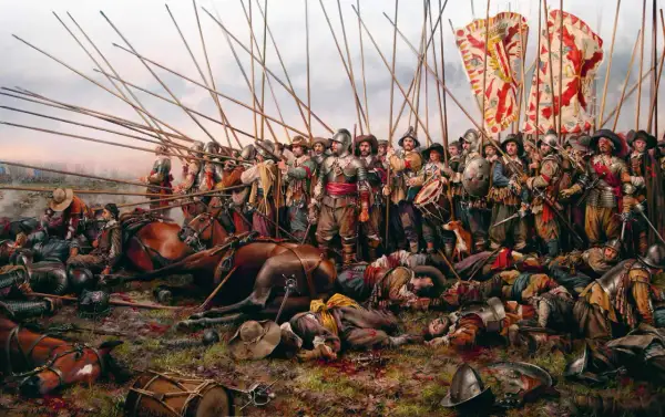 Los tercios españoles, con sus picas alzadas, enfrentan la batalla. Caídos y caballos yacen en el campo, testigos del fragor.