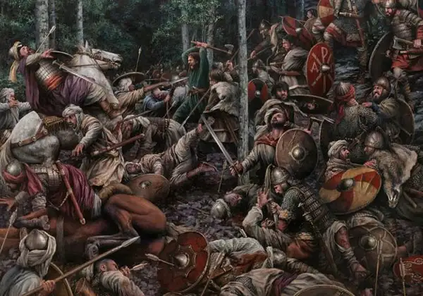 Una escena caótica de la batalla de Covadonga, con guerreros luchando cuerpo a cuerpo, caballos y escudos por doquier.